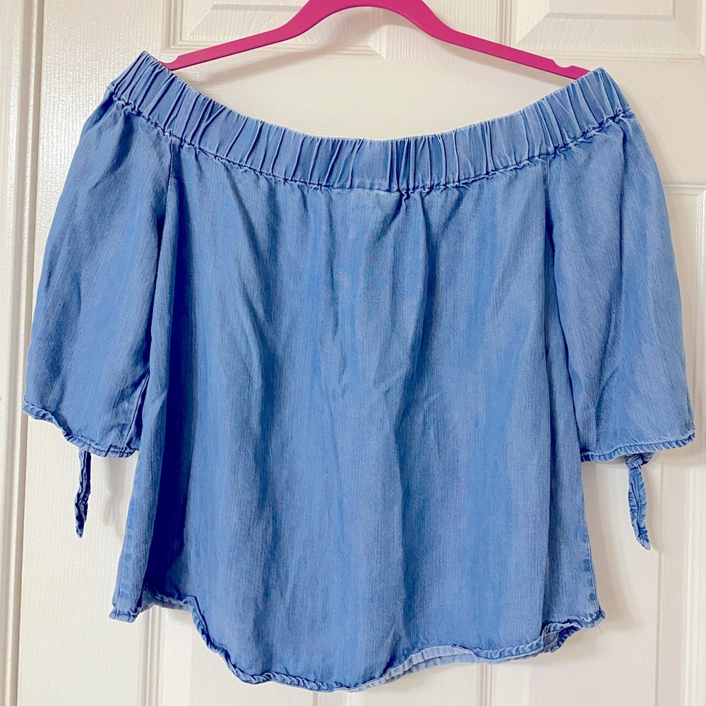 Denim-looking material off the shoulder top